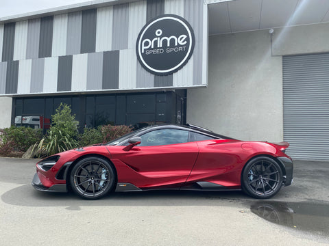 LHS view of 2021 McLaren 765LT For Sale by Prime Speed Sport in New Zealand. Highly specced with full carbon pack and finished in MSO optioned Volcano Red exterior paint.