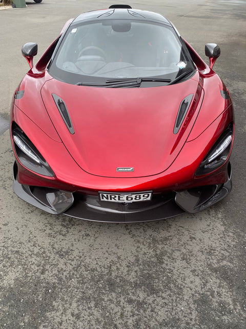 Front view of 2021 McLaren 765LT For Sale by Prime Speed Sport in New Zealand. Highly specced with full carbon pack and finished in MSO optioned Volcano Red exterior paint.