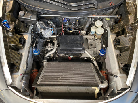 Front tub view with central radiator of the McLaren 650S GT3 For Sale at Prime Speed Sport in New Zealand. Chassis 019.