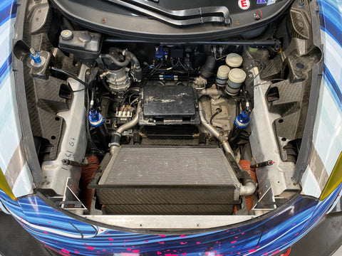 Front under bonnet view of central radiator for a McLaren 650S GT3. Chassis 006 FOR SALE at Prime Speed Sport in New Zealand.