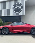 LHS view of 2021 McLaren 765LT For Sale by Prime Speed Sport in New Zealand. Highly specced with full carbon pack and finished in MSO optioned Volcano Red exterior paint.