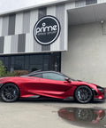 Side view of a 2021 McLaren 765LT For Sale by Prime Speed Sport in New Zealand. Highly specced with full carbon pack and finished in MSO optioned Volcano Red exterior paint.