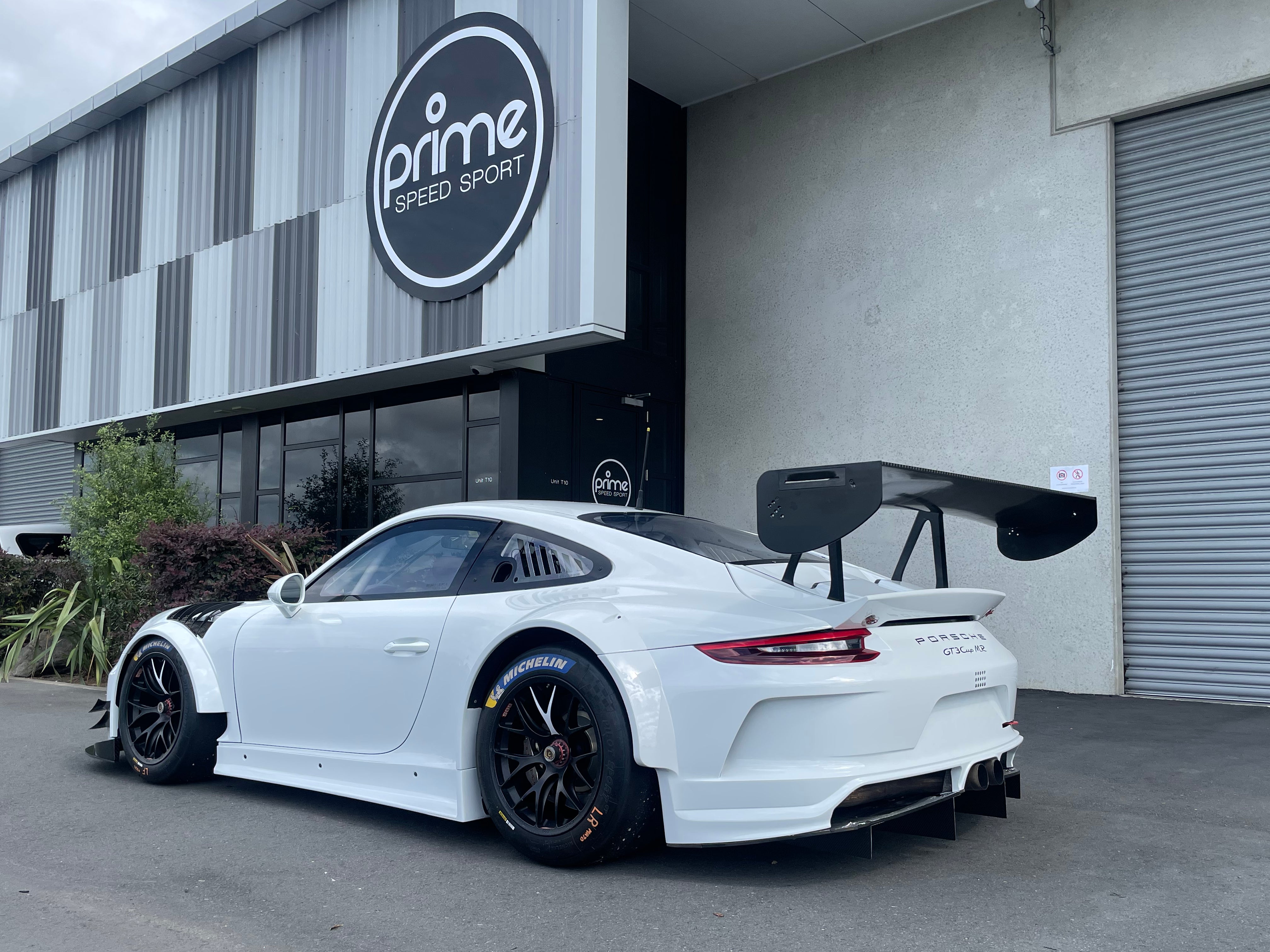 Porsche GT3 Cup MR SP-Pro in White FOR SALE at Prime Speed Sport, New Zealand. Left Rear 3/4 view of the car.