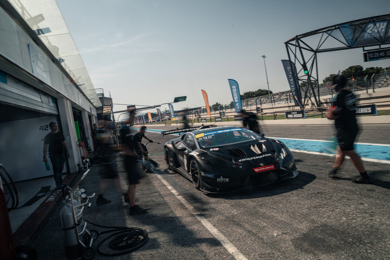 Black Lamborghini Huracan GT3 Evo 2 with Prime Speed Sport crew at the 12H of Paul Ricard race in France.