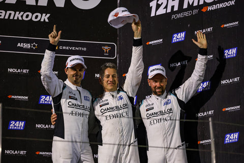 Earl Bamber, Heremana Malmezac and Liam Talbot on the podium at the Misano 12 Hour with Prime Speed Sport in the Aston Martin GT3 Evo.