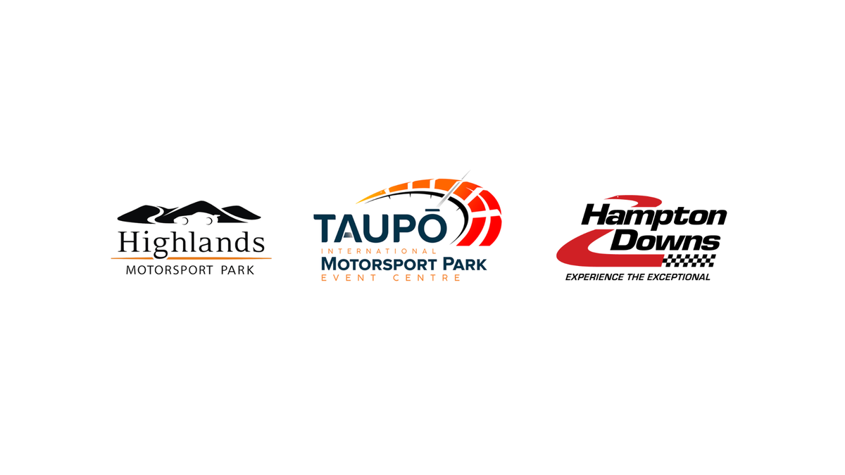 Three motorsport park logos on a white background: Highlands Motorsport Park, Taupo Motorsport Park Event Centre, and Hampton Downs. Owned by the Tony Quinn Group