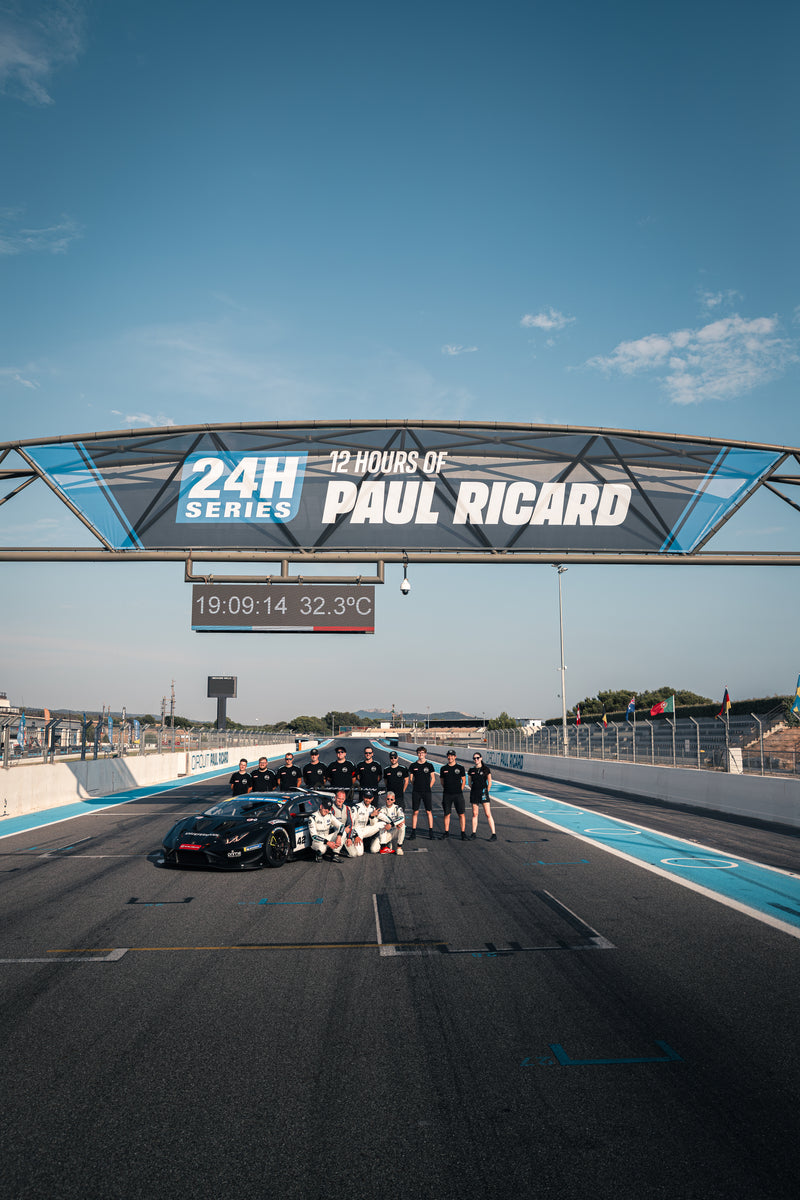 Prime Speed Sport team and Racing Drivers Nick Foster, Jono Lester, Miika Pani and Mana Malmezac on the Paul Ricard front straight with their Lamborghini Huracan GT3 Evo 2.