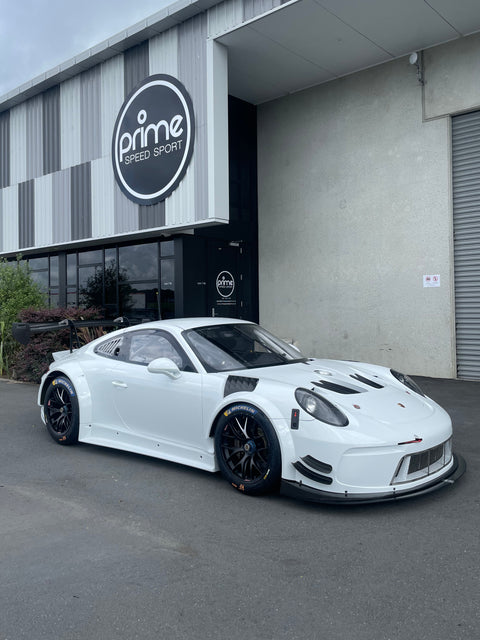 Porsche GT3 Cup MR SP-Pro in White FOR SALE at Prime Speed Sport, New Zealand. Right Front 3/4 view of the car.