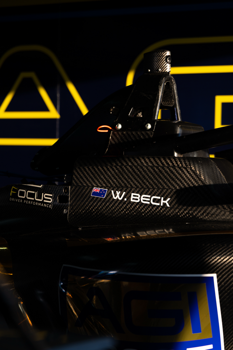 William Beck's AUF4 Car with his name branded on the side of the Tatuus F4 Carbon Fibre Chassis
