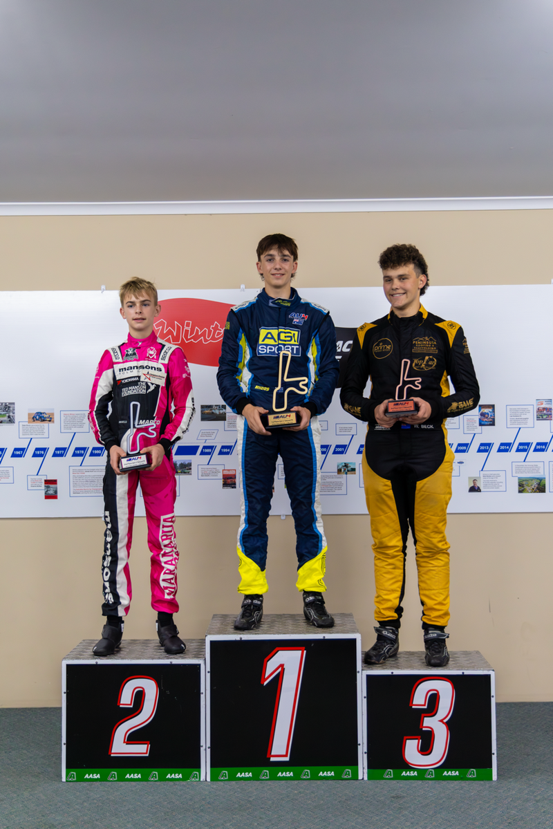 Winton Australian F4 Podium with the three podium members and William Beck, Prime Speed Sport Driver